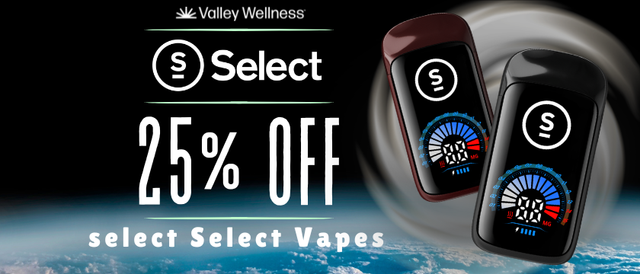 Cannabis Promo, Cannabis Sales, Cannabis Discounts, Cannabis on Sale, 25% off select Select Vapes