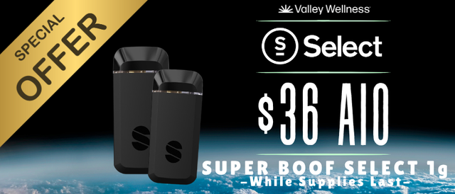 Cannabis Promo, Cannabis Sales, Cannabis Discounts, Cannabis on Sale, $36 Select Super Boof 1g AIO Special!