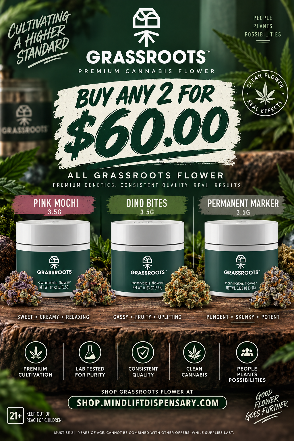 Cannabis Promo, Cannabis Sales, Cannabis Discounts, Cannabis on Sale, 2 For $60 Grassroots 3.5G
