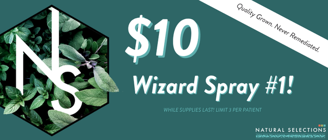 Cannabis Promo, Cannabis Sales, Cannabis Discounts, Cannabis on Sale, $10 Natural Selections Wizard Spray #1 3.5g! *NOT Stackable