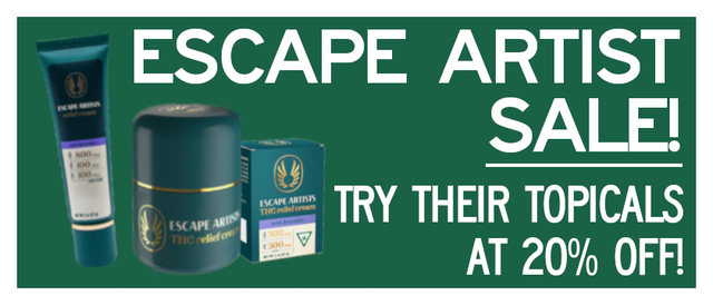Cannabis Promo, Cannabis Sales, Cannabis Discounts, Cannabis on Sale, 20% Off Escape Artist Pain Relief Cream