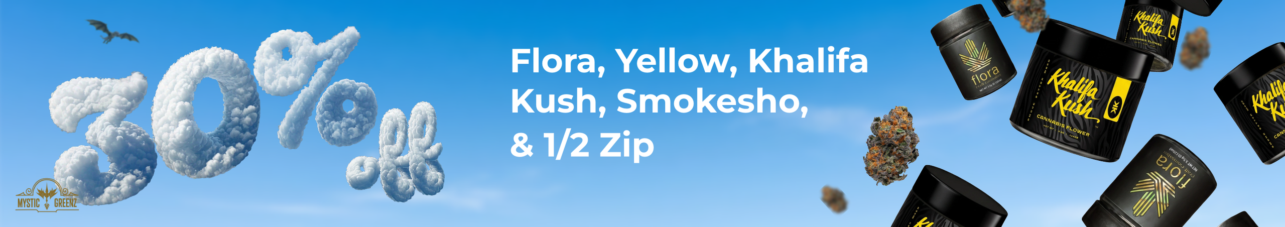 Cannabis Promo, Cannabis Sales, Cannabis Discounts, Cannabis on Sale, Flora, Yellow, Khalifa Kush, Smokesho, & 1/2 Zip 30% Off
