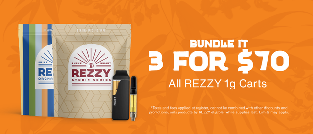 Cannabis Promo, Cannabis Sales, Cannabis Discounts, Cannabis on Sale, 3 for $70: Rezzy 1g Cartridges