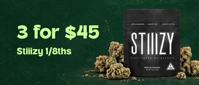 Cannabis Promo, Cannabis Sales, Cannabis Discounts, Cannabis on Sale, 3 for $45 Stiiizy 1/8ths
