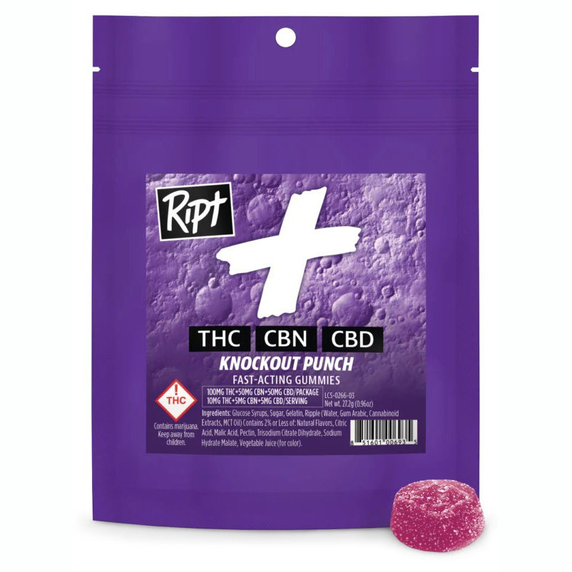 Ripple Ript Plus Gummies | Knockout Punch 1:1:1 THC:CBN:CBD 100mg Rec