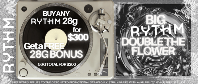 Cannabis Promo, Cannabis Sales, Cannabis Discounts, Cannabis on Sale, 28g Rythm Bundle Free 28g Bonus