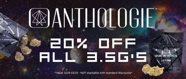 Cannabis Promo, Cannabis Sales, Cannabis Discounts, Cannabis on Sale, 20% Off Anthologie