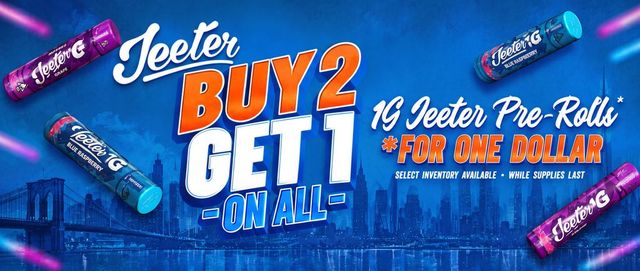 Cannabis Promo, Cannabis Sales, Cannabis Discounts, Cannabis on Sale, Jeeter Buy 2 Get One For a $1