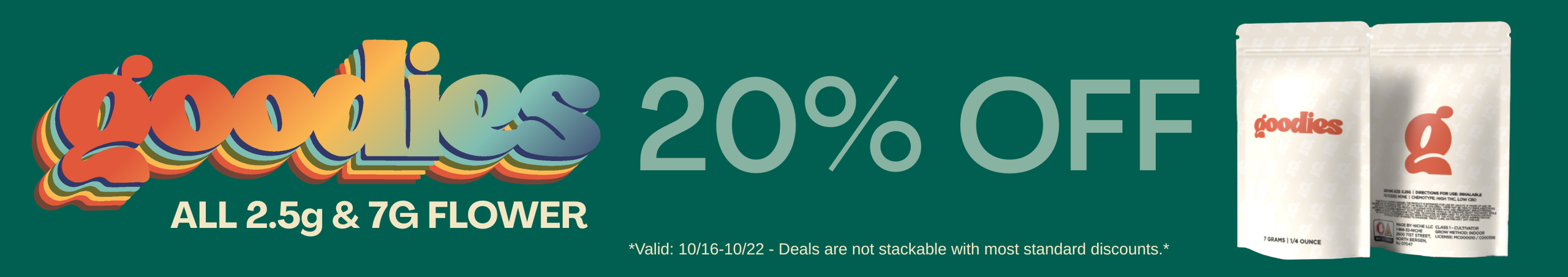 Cannabis Promo, Cannabis Sales, Cannabis Discounts, Cannabis on Sale, Goodies 20% Off