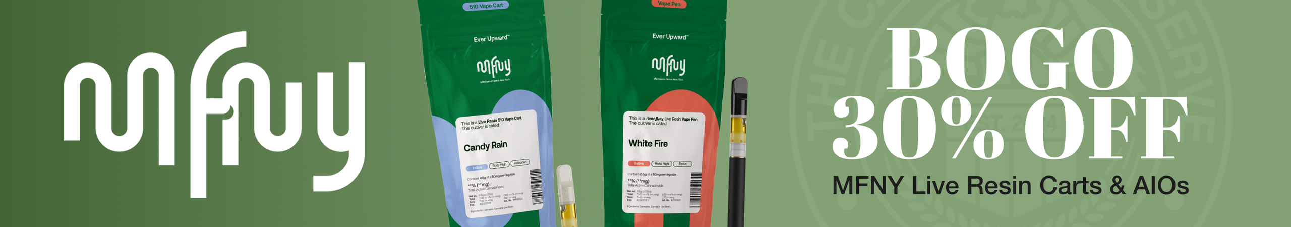 Cannabis Promo, Cannabis Sales, Cannabis Discounts, Cannabis on Sale, MFNY Live Resin Carts/AIO BOGO 30%
