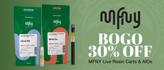 Cannabis Promo, Cannabis Sales, Cannabis Discounts, Cannabis on Sale, MFNY Live Resin Carts/AIO BOGO 30%