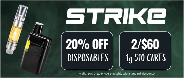 Cannabis Promo, Cannabis Sales, Cannabis Discounts, Cannabis on Sale, Strike Vape Carts 2 for $60